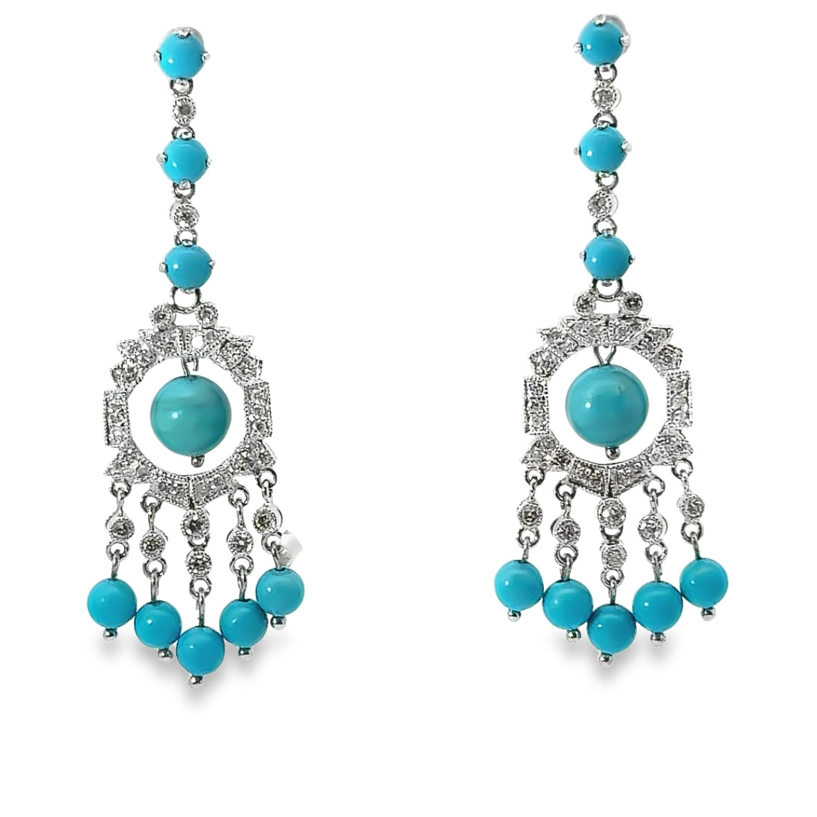 Estate 14K White Gold Turquoise & Diamond Earrings