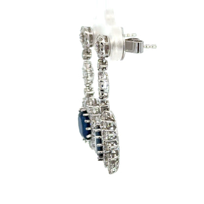 18K White Gold Sapphire Diamond Halo Drop Earrings