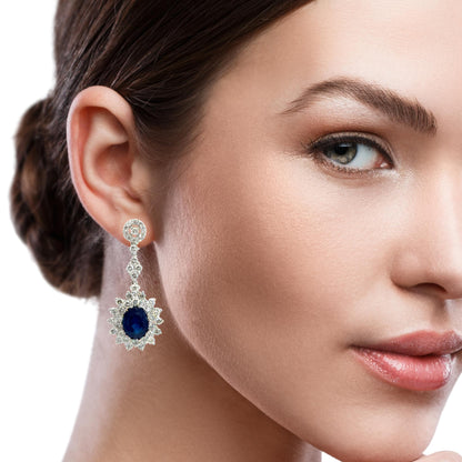 18K White Gold Sapphire Diamond Halo Drop Earrings