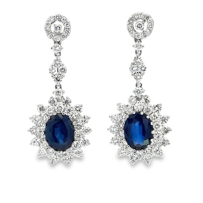 18K White Gold Sapphire Diamond Halo Drop Earrings