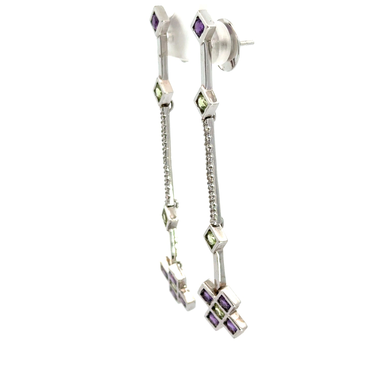 18K White Gold Amethyst, Peridot & Diamond Long Drop Earrings