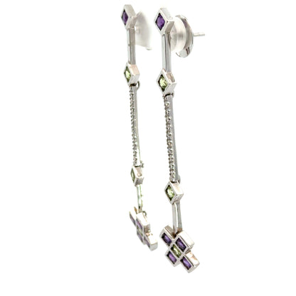 18K White Gold Amethyst, Peridot & Diamond Long Drop Earrings