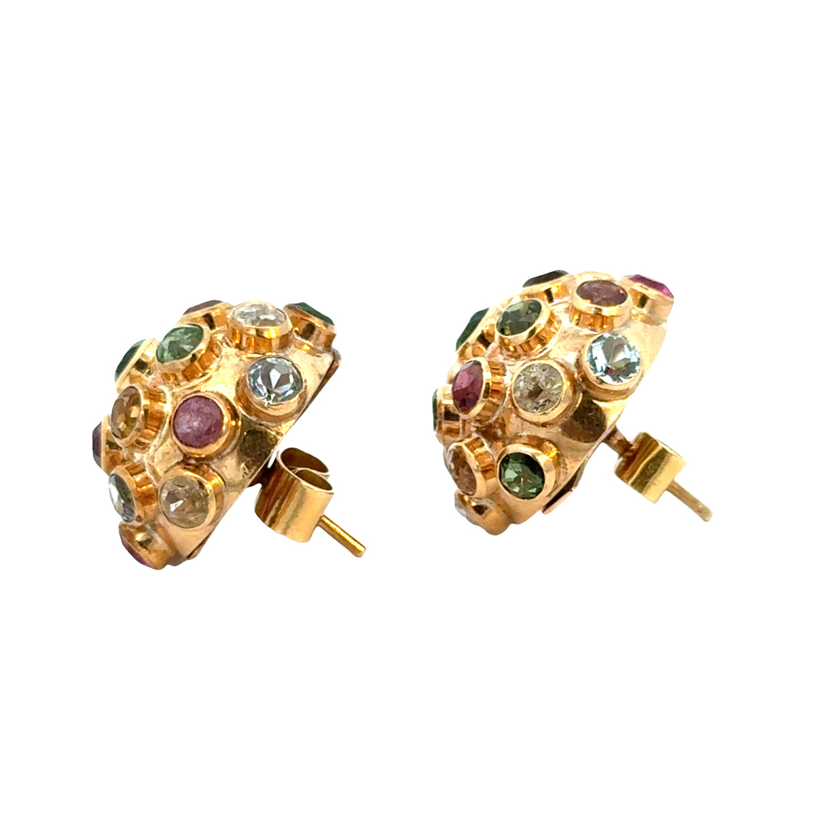 Vintage 1960’s 18K Yellow Gold Multi-Gemstone Domed Earrings