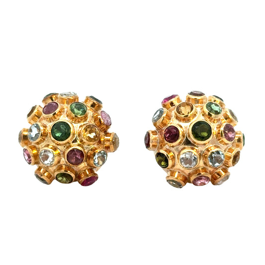 Vintage 1960’s 18K Yellow Gold Multi-Gemstone Domed Earrings