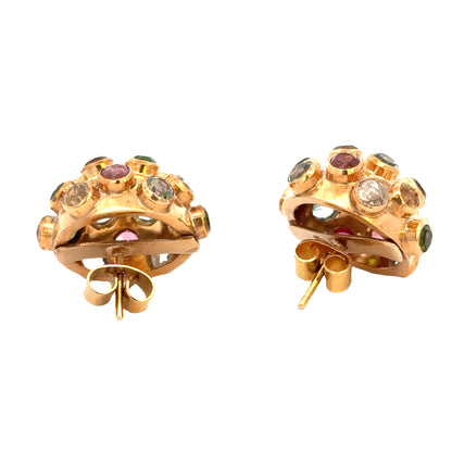 Vintage 1960’s 18K Yellow Gold Multi-Gemstone Domed Earrings