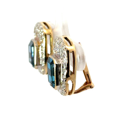 Vintage 14K Yellow Gold Blue Topaz & Diamond Clip-On Earrings