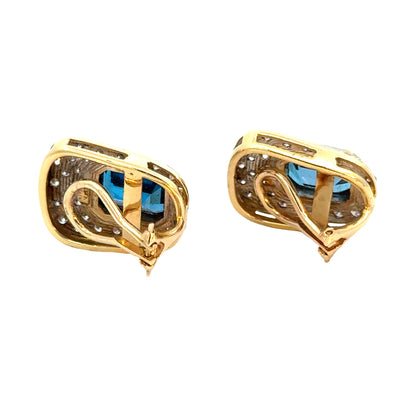 Vintage 14K Yellow Gold Blue Topaz & Diamond Clip-On Earrings