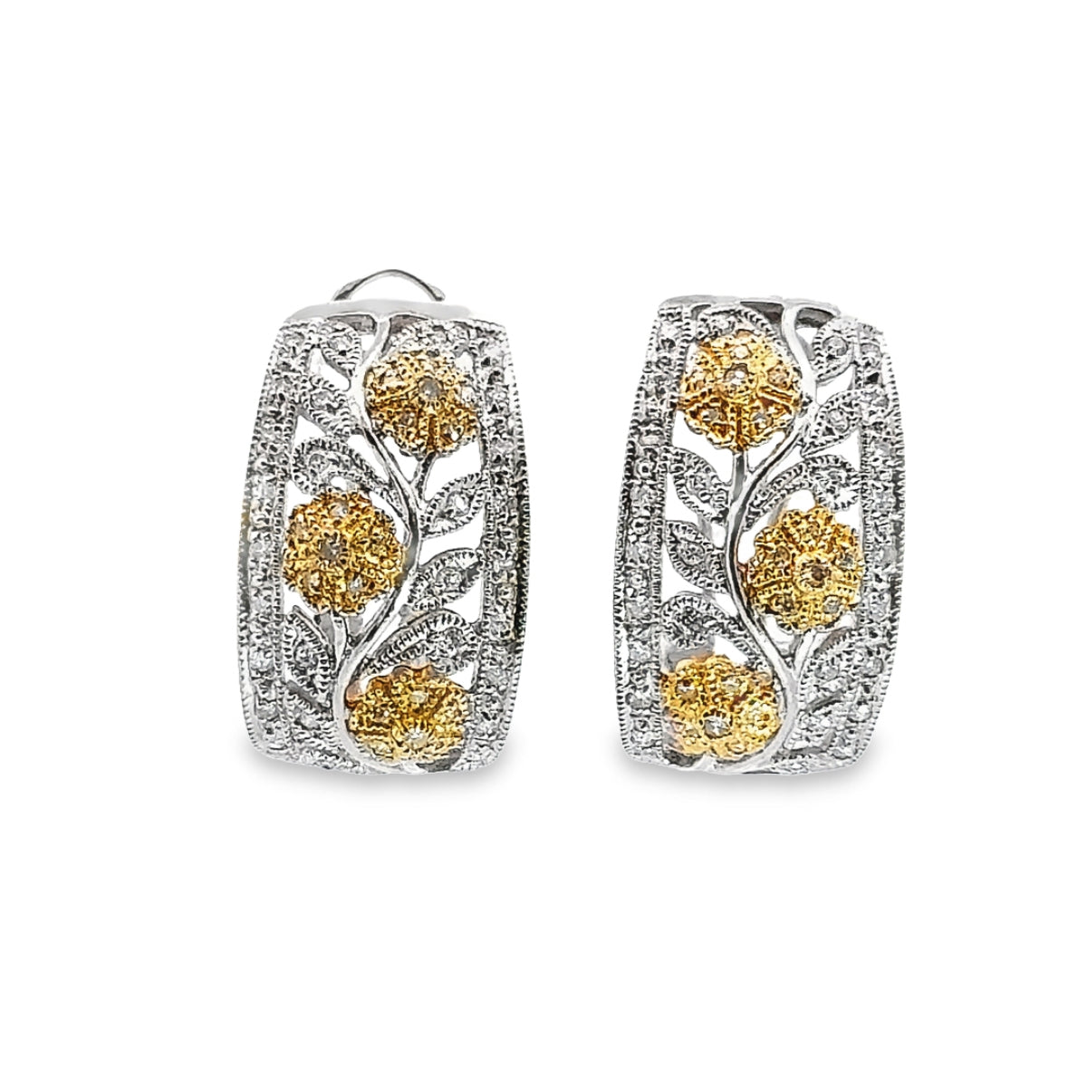 Elegant Floral 14K Two-Tone Diamond  Hoop Earrings