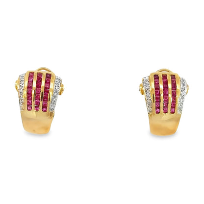 Retro 14K Yellow Gold Ruby & Diamond French-Clip Earrings
