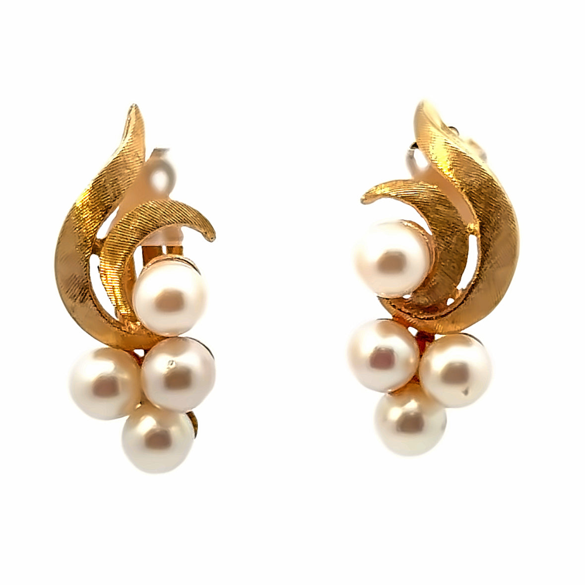 14K Yellow Gold Leaves & Pearl Cluster Clip-On Earrings