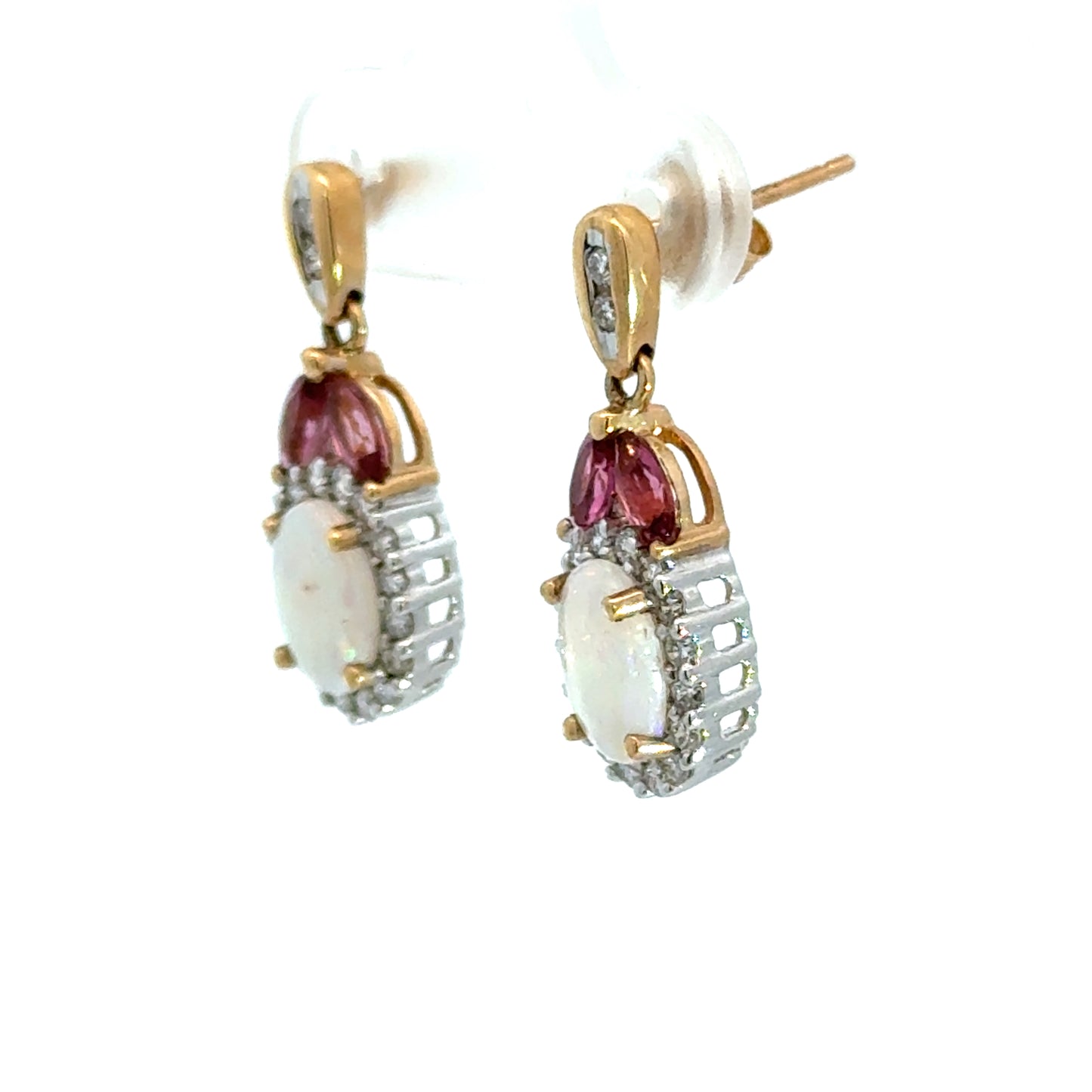 14K Two-Tone Gold Opal, Diamond & Pink Tourmaline Drop Earrings