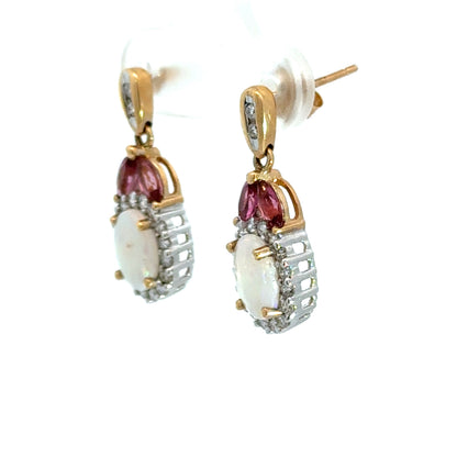 14K Two-Tone Gold Opal, Diamond & Pink Tourmaline Drop Earrings
