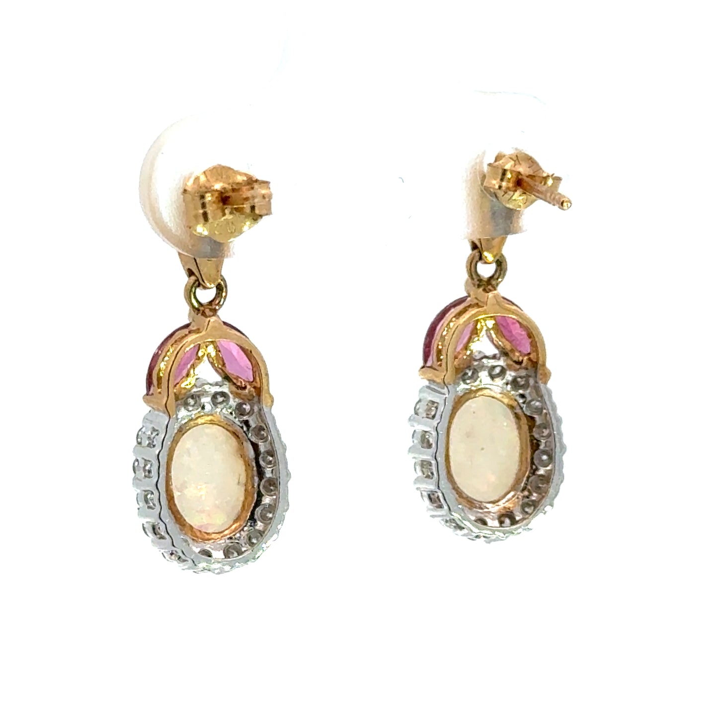 14K Two-Tone Gold Opal, Diamond & Pink Tourmaline Drop Earrings