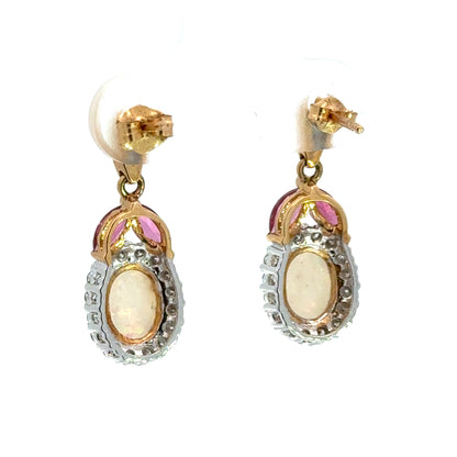 14K Two-Tone Gold Opal, Diamond & Pink Tourmaline Drop Earrings