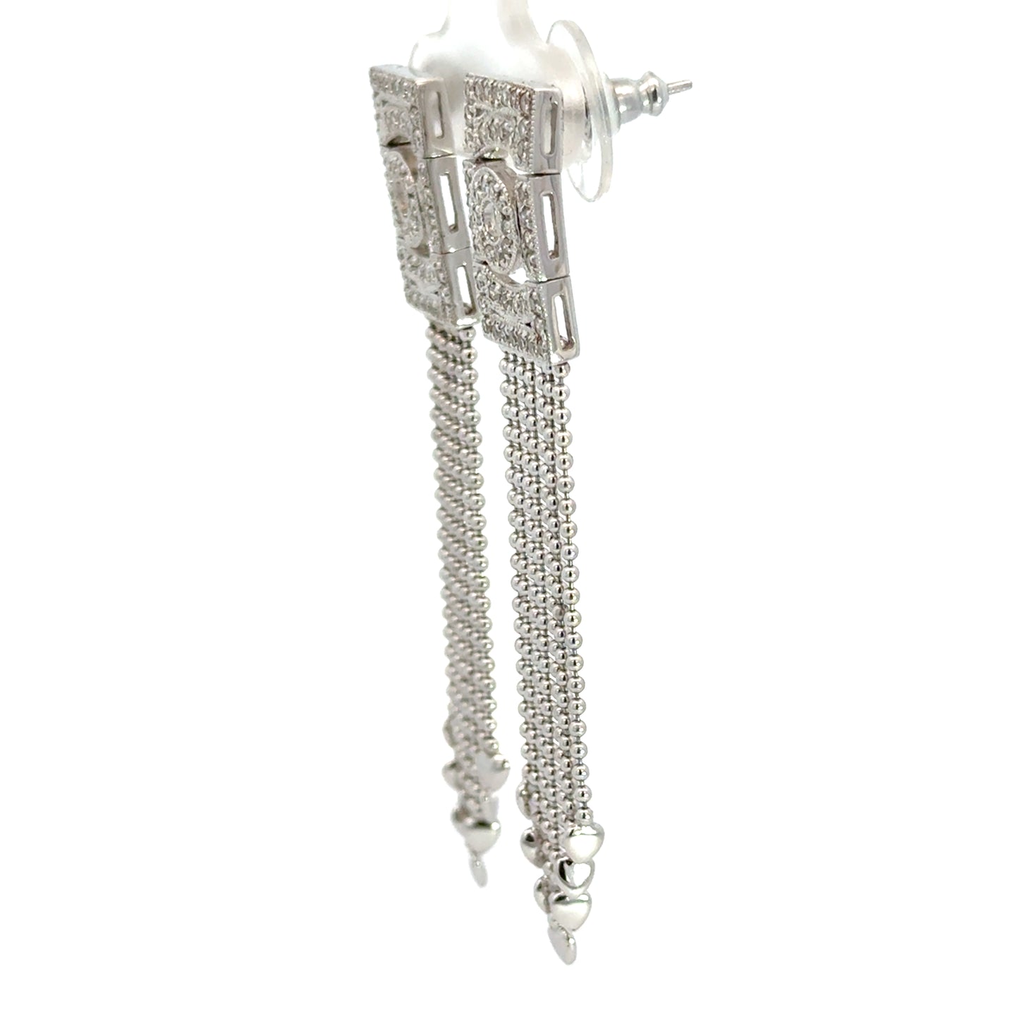Modern 14K White Gold Diamond Fringe Earrings with Beaded Drops