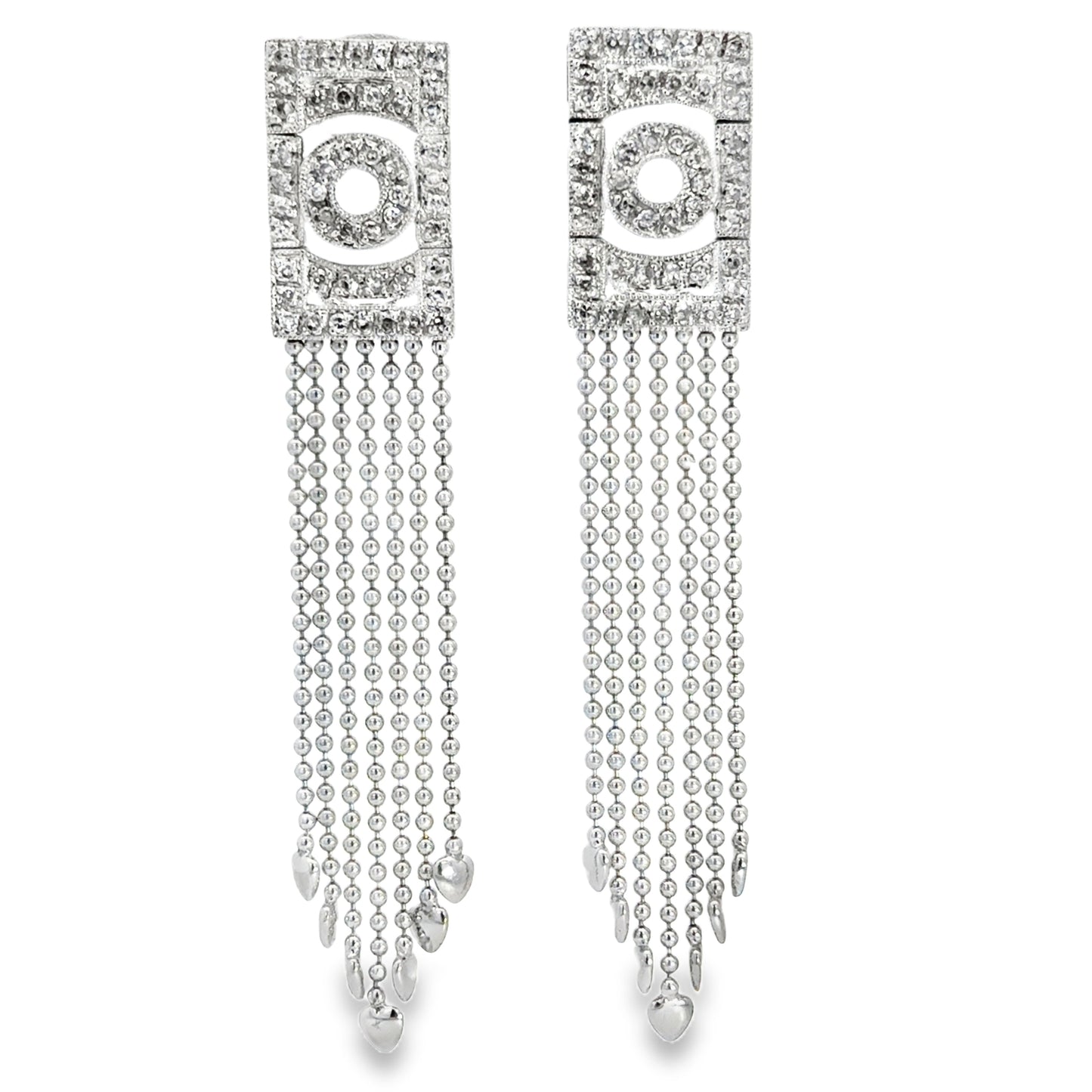 Modern 14K White Gold Diamond Fringe Earrings with Beaded Drops