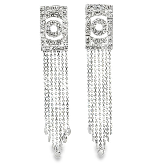 Modern 14K White Gold Diamond Fringe Earrings with Beaded Drops