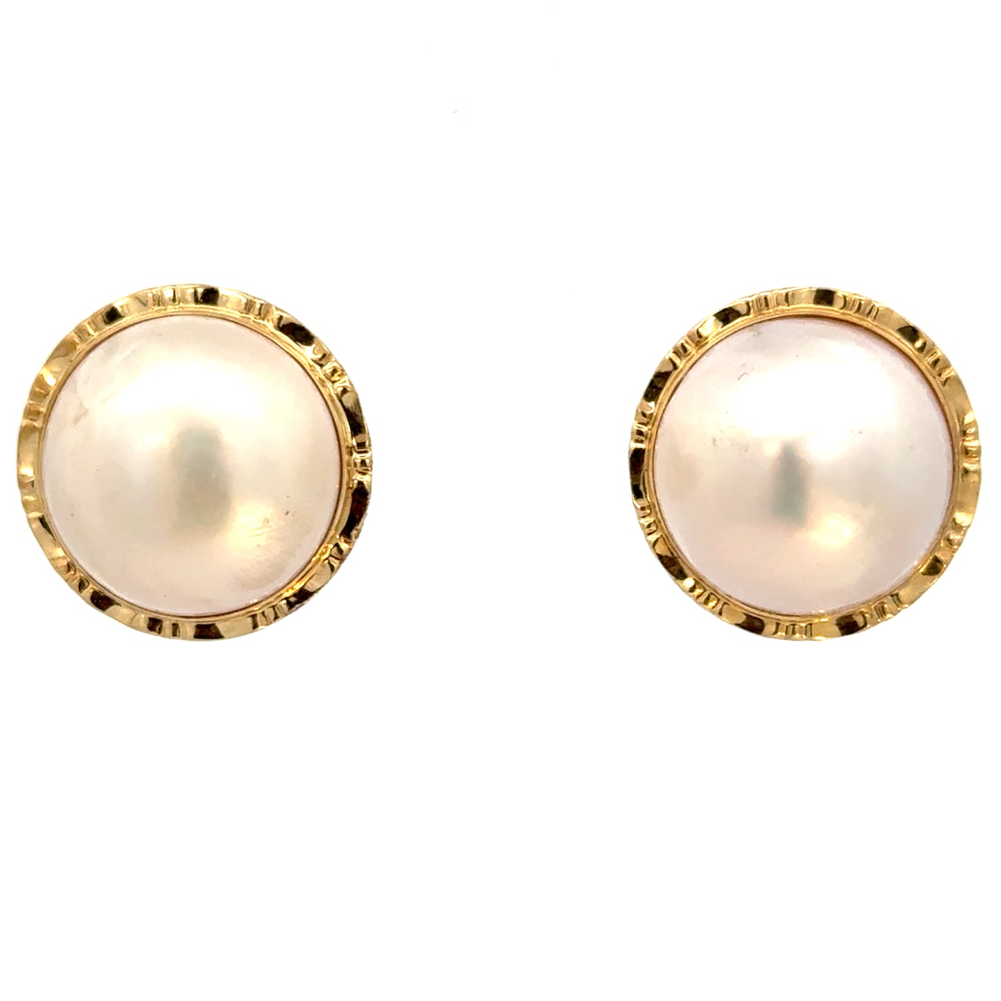 Vintage 14K Yellow Gold Mabe Pearl Earrings with Decorative Gold Edge