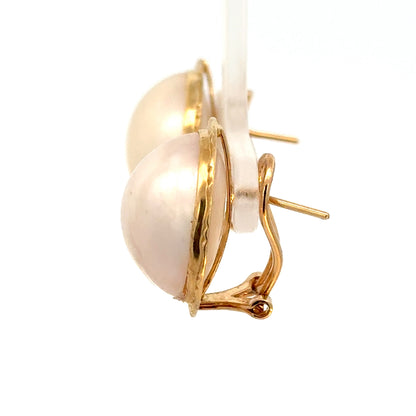 Vintage 14K Yellow Gold Mabe Pearl Earrings with Decorative Gold Edge