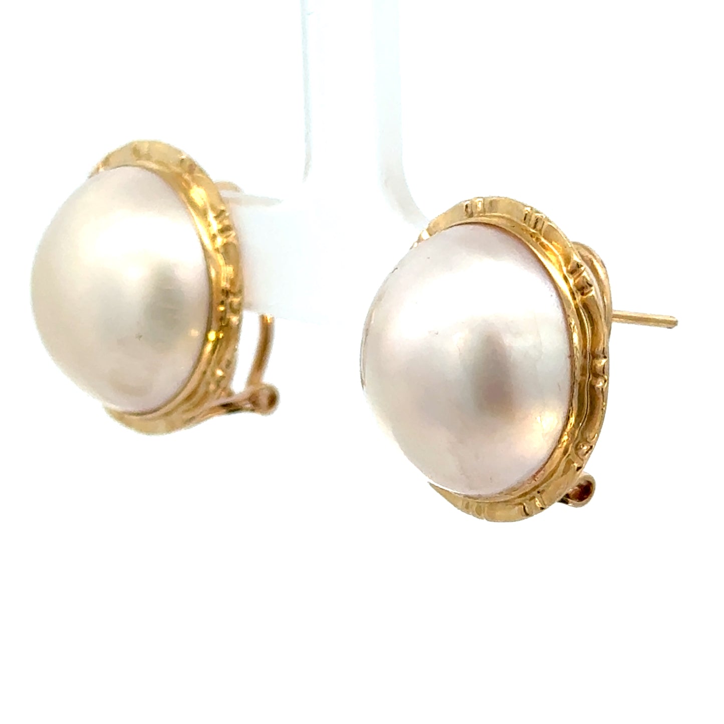 Vintage 14K Yellow Gold Mabe Pearl Earrings with Decorative Gold Edge