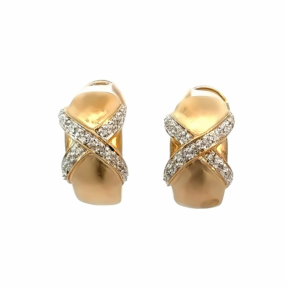 14K Crisscross Yellow Matte Gold & Diamond French-Clip Hoop Earrings