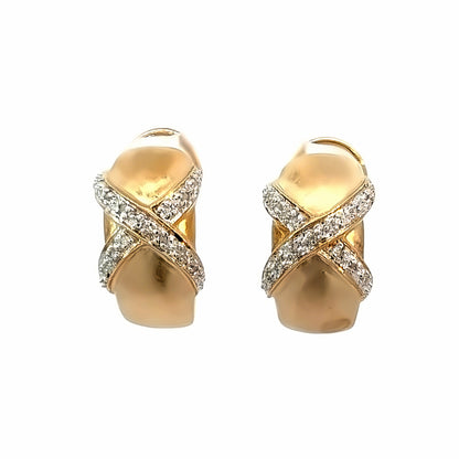 14K Crisscross Yellow Matte Gold & Diamond French-Clip Hoop Earrings