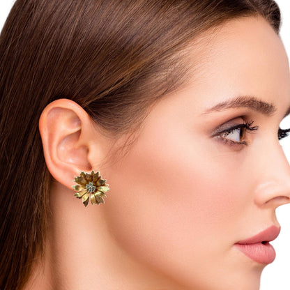 Vintage 14K Yellow Gold Flower & Diamond Screw-Back Earrings