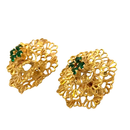 Elegant 18K Gold Openwork Floral Emerald Earrings