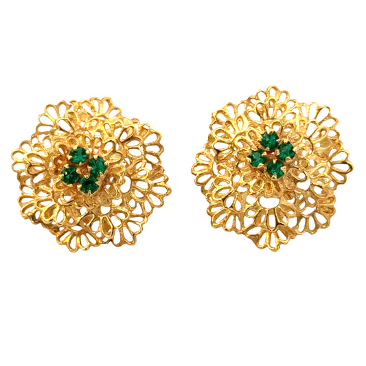 Elegant 18K Gold Openwork Floral Emerald Earrings