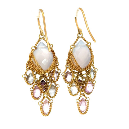 18K Gold Moonstone & Multi Gemstone Chandelier Earrings, Intricate Chainwork