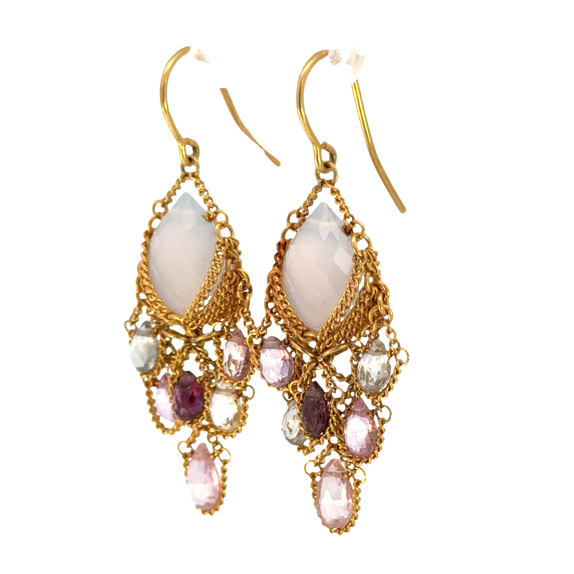 18K Gold Moonstone & Multi Gemstone Chandelier Earrings, Intricate Chainwork