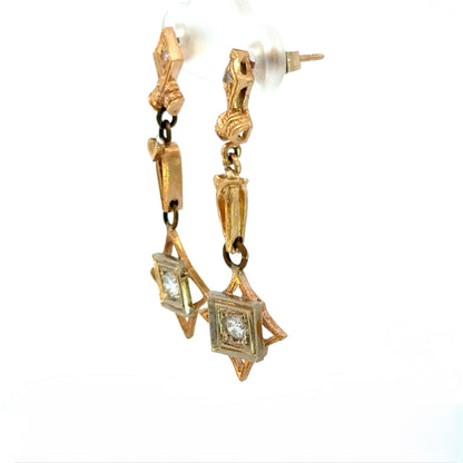 Antique 14K Yellow Gold Diamond Dangle Earrings – Early 20th Century Estate Jewelry