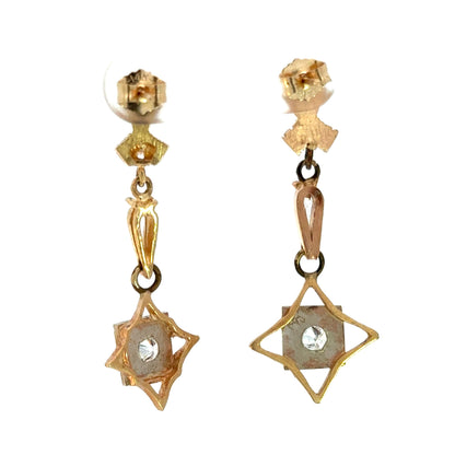 Antique 14K Yellow Gold Diamond Dangle Earrings – Early 20th Century Estate Jewelry