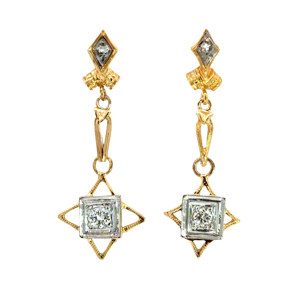 Antique 14K Yellow Gold Diamond Dangle Earrings – Early 20th Century Estate Jewelry