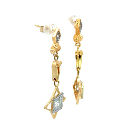 Antique 14K Yellow Gold Diamond Dangle Earrings – Early 20th Century Estate Jewelry