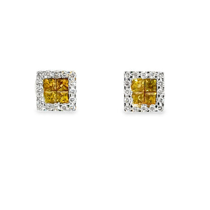 14K White Gold Yellow & White Diamond Halo Stud Earrings