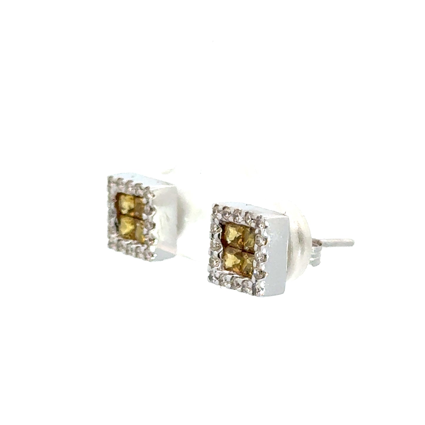 14K White Gold Yellow & White Diamond Halo Stud Earrings