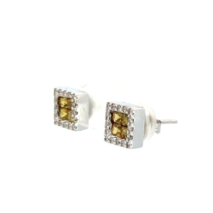 14K White Gold Yellow & White Diamond Halo Stud Earrings