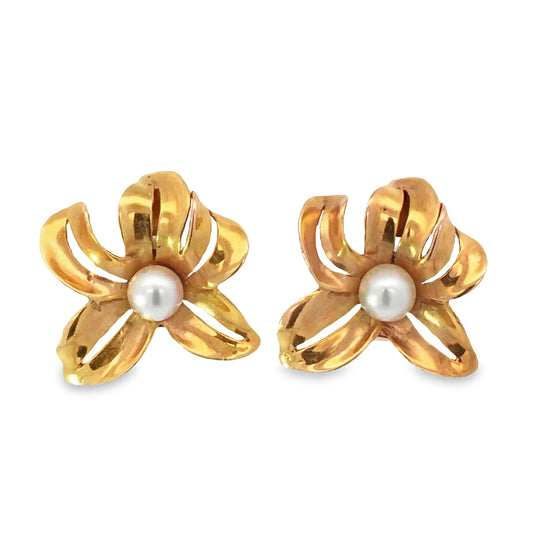 Exquisite Vintage Pearl & Gold Flower Clip-On Earrings