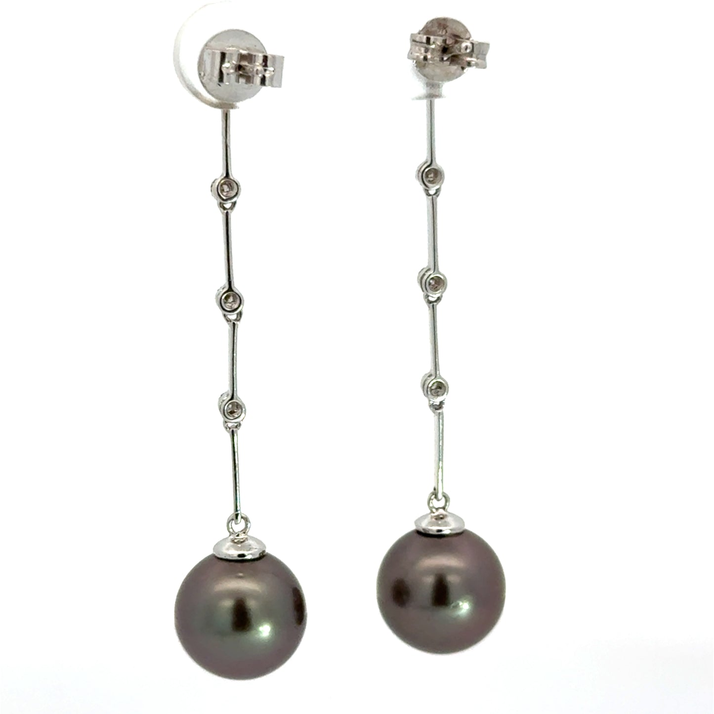 14K White Gold Tahitian Black Pearl Diamond Dangle Earrings