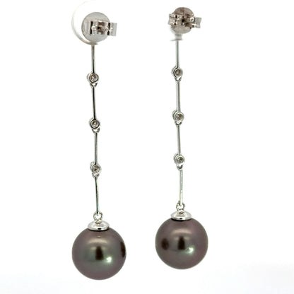 14K White Gold Tahitian Black Pearl Diamond Dangle Earrings