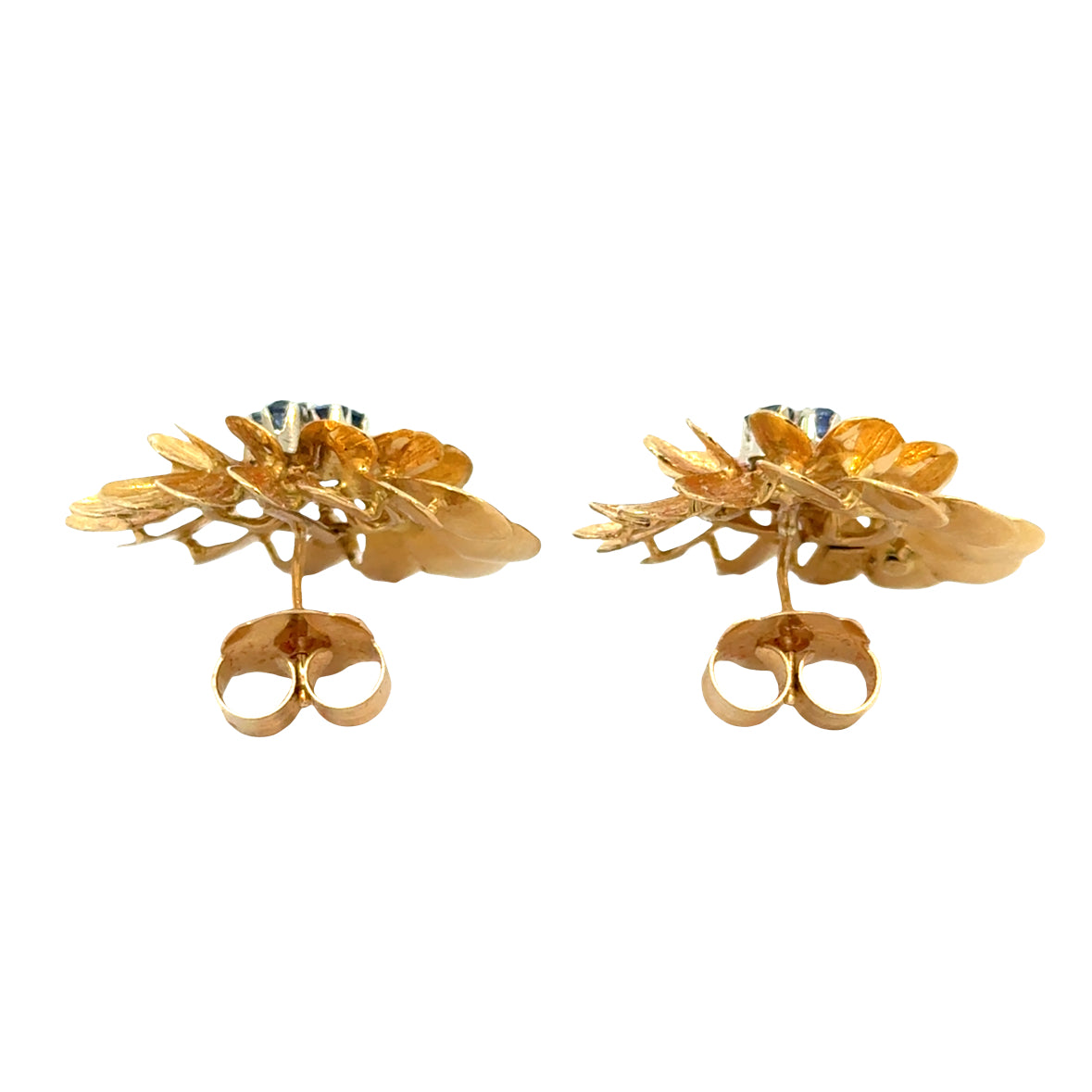 Vintage 18K Yellow Gold Zinnia Flower Earrings with Sapphires & Diamond