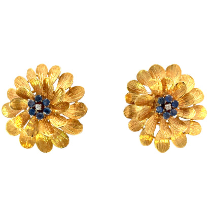Vintage 18K Yellow Gold Zinnia Flower Earrings with Sapphires & Diamond