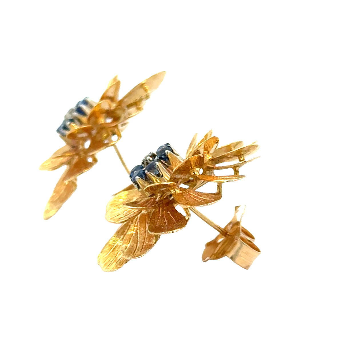 Vintage 18K Yellow Gold Zinnia Flower Earrings with Sapphires & Diamond