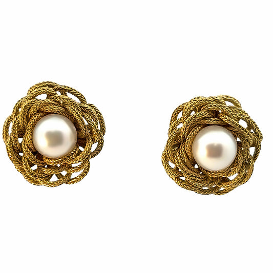 River Bros. 18K Pleated Gold & Pearl Floral French-Clip Earrings