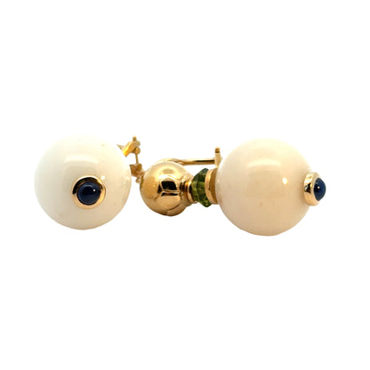 Vintage White Agate Bead Earrings with Green Tourmaline and Sapphire