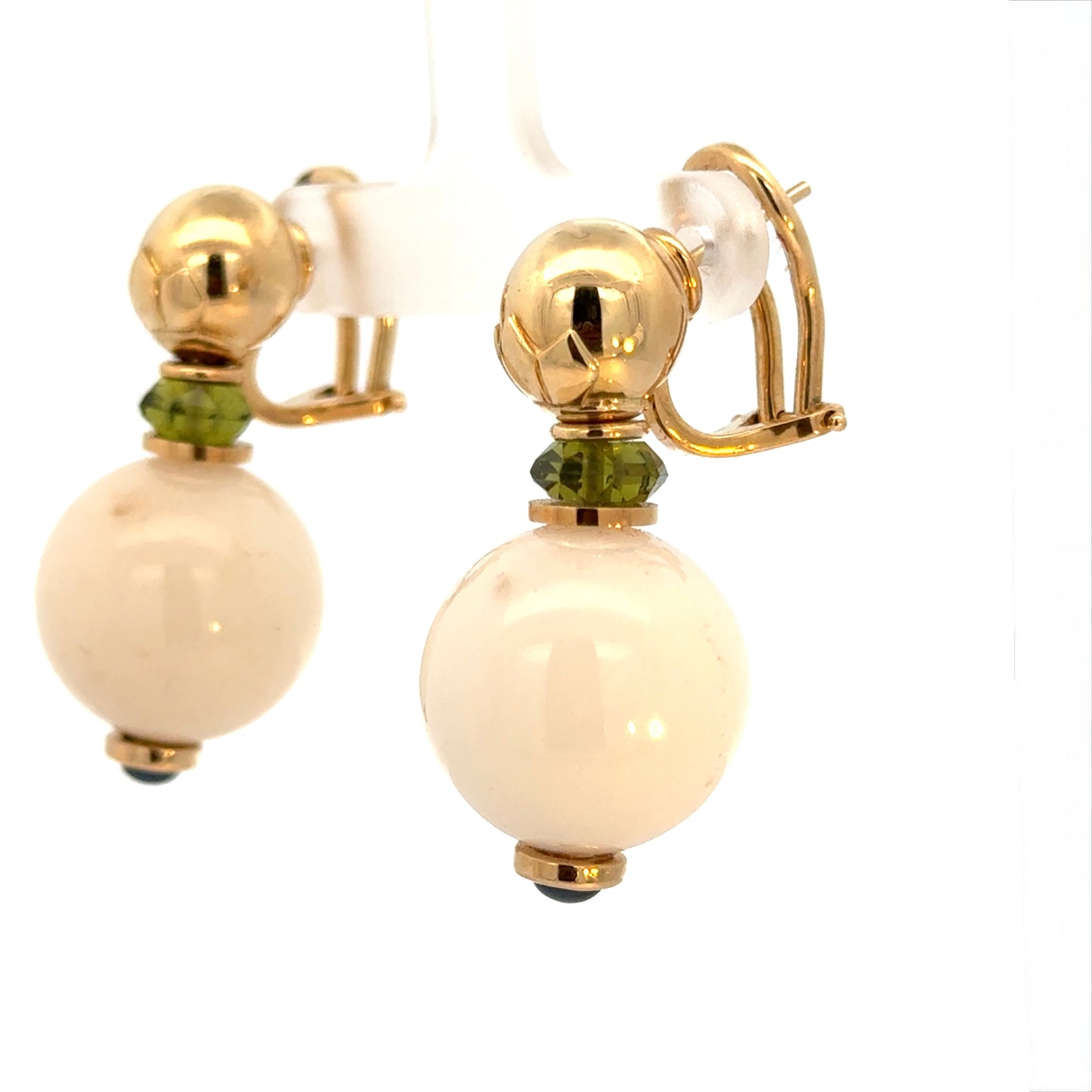 Vintage White Agate Bead Earrings with Green Tourmaline and Sapphire