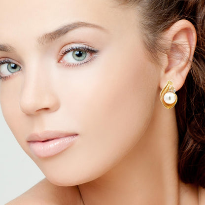 14K Yellow Gold Pearl & Diamond Accent Earrings
