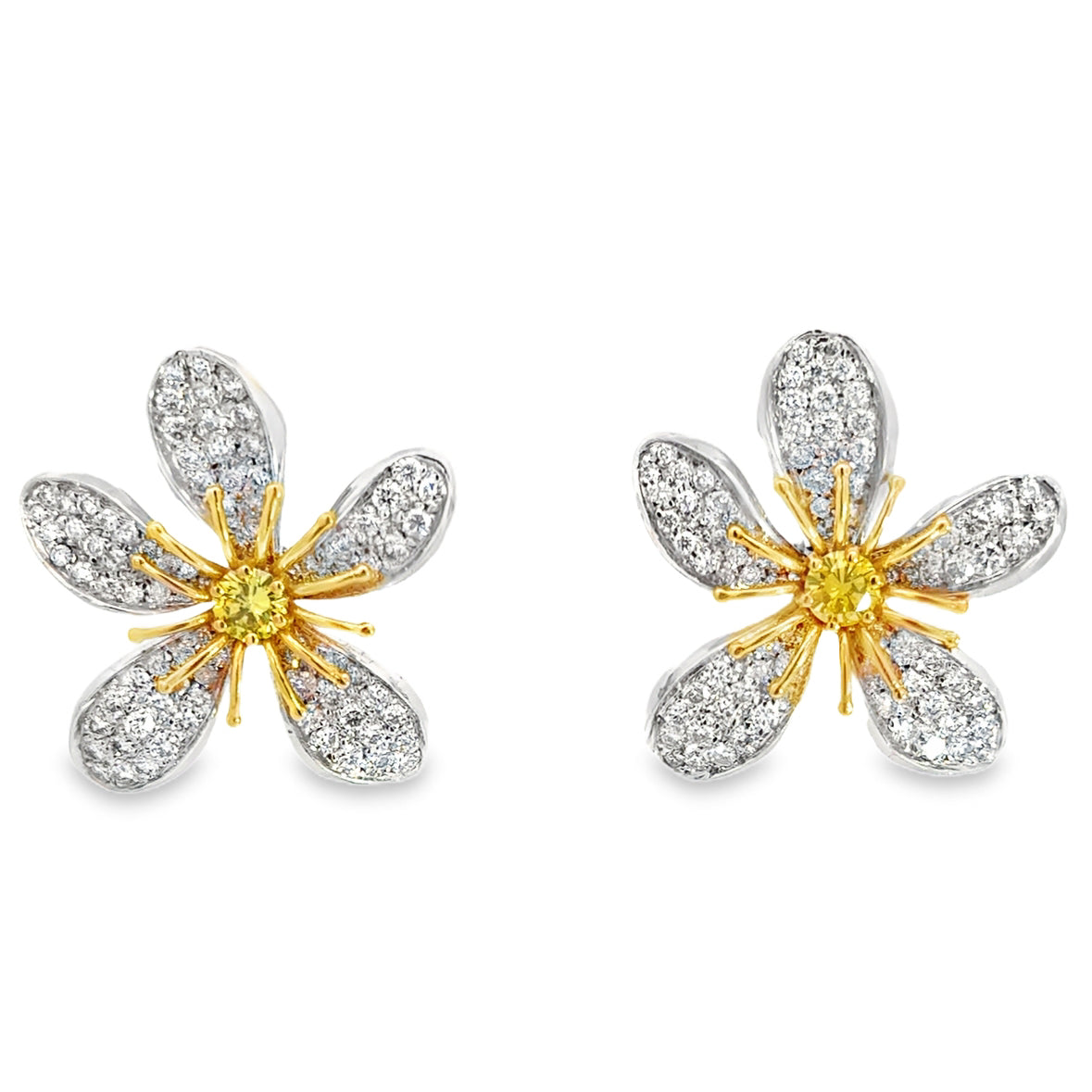 14K White Gold Diamond Flower Earrings with Yellow Diamond Centers