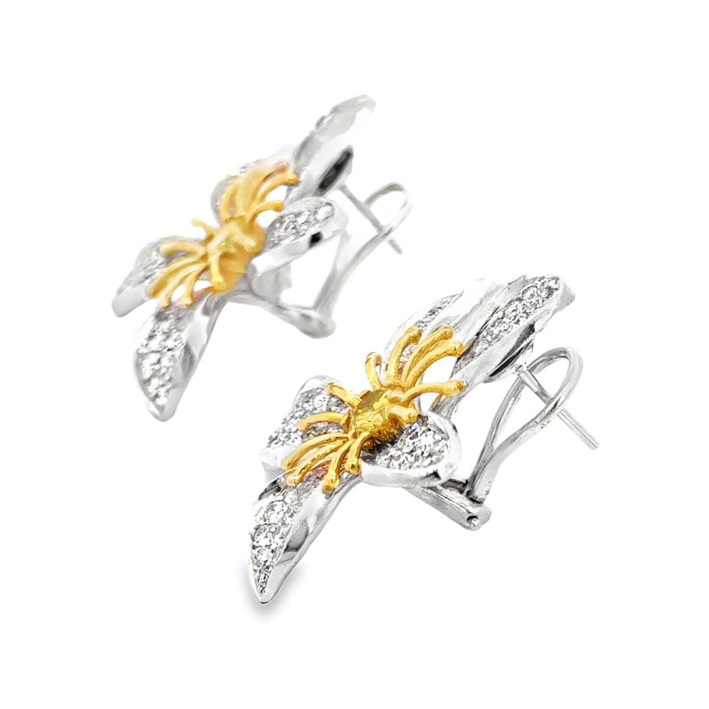 14K White Gold Diamond Flower Earrings with Yellow Diamond Centers